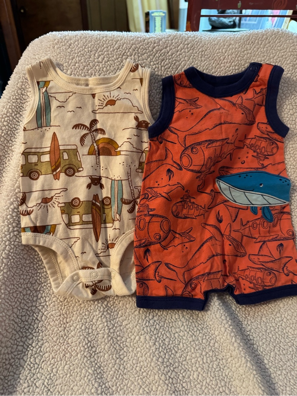 Set of 2 Whale & Cream Surfboard One-Piece Bundle 3 Month Onsie B7